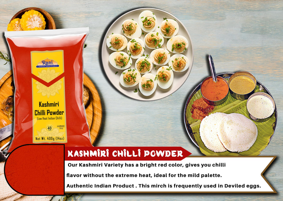 Rani Kashmiri Chilli Powder (Deggi Mirch, Low Heat) Ground Indian Spice 14oz (400g) ~ All Natural, Salt-Free | Vegan | Gluten Friendly | NON-GMO | Kosher | Perfect for Deviled Eggs & Other Low Heat Dishes
