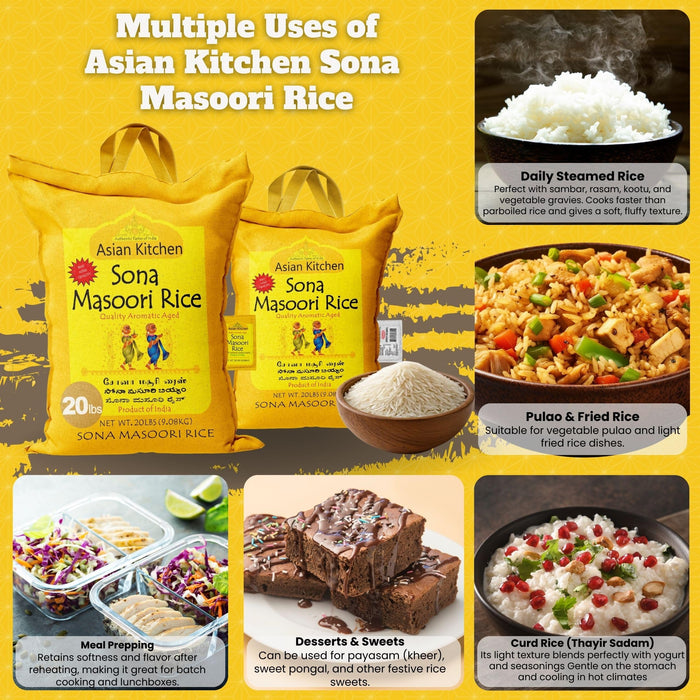 Asian Kitchen White Sona Masoori Aged Rice 20lbs (9.08kg) Short Grain Rice ~ All Natural | Gluten Friendly | Vegan | Indian Origin | Export Quality