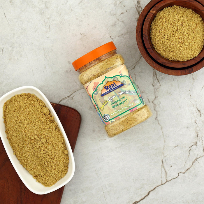 Rani Haldi Gur Shakkar (Turmeric with Indian Jaggery) Indian Unrefined Raw Cane Sugar 17.5oz (1.1lbs) 500g PET Jar ~ Gluten Friendly | Vegan | NON-GMO | Kosher | No Salt or fillers | Indian Product
