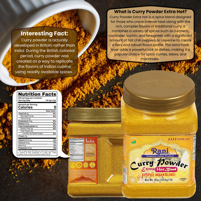Rani Curry Powder EXTRA HOT Natural 11-Spice Blend 16oz (1lbs) 454g PET Jar ~ Salt Free | Vegan | Gluten Friendly | NON-GMO | Kosher | Indian Origin