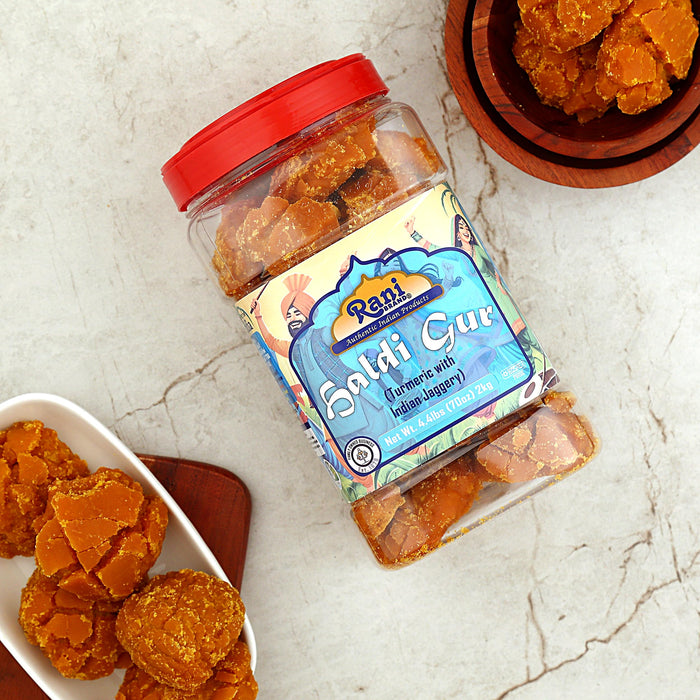 Rani Haldi Gur (Turmeric with Indian Jaggery) Indian Unrefined Raw Cane Sugar 70oz (4.4lbs) 2kg PET Jar ~ Gluten Friendly | Vegan | NON-GMO | Kosher | No Salt or fillers | Indian Product