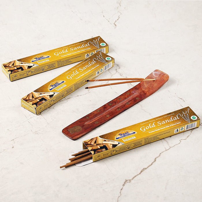 Rani Gold Sandal Incense (Premium Masala Incense Made of Natural Herbs) 15g x 10 Packets ~ Total of 100 Incense sticks | For Puja Purposes | Indian Origin
