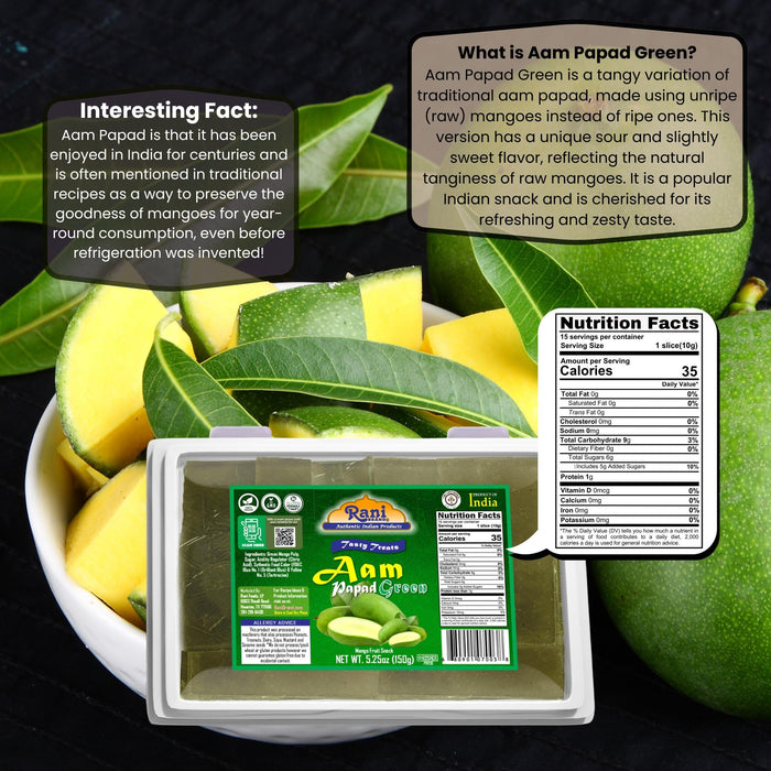 Rani Aam Papad (Mango Fruit Snack) Green Mango with Spice Mix 5.25oz (150g) ~ All Natural | Vegan | Gluten Friendly | Kosher | Indian Origin & Taste