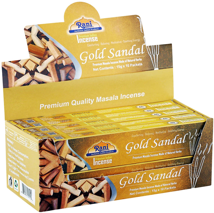 Rani Gold Sandal Incense (Premium Masala Incense Made of Natural Herbs) 15g x 10 Packets ~ Total of 100 Incense sticks | For Puja Purposes | Indian Origin