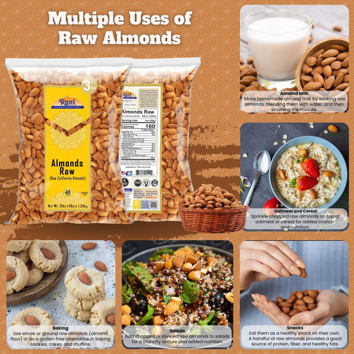 Rani Almonds, Raw Whole With Skin 48oz (3lbs) 1.36kg Bulk ~ All Natural | Vegan | Kosher | Gluten Friendly | Fresh Product of USA ~ California Shelled Almonds