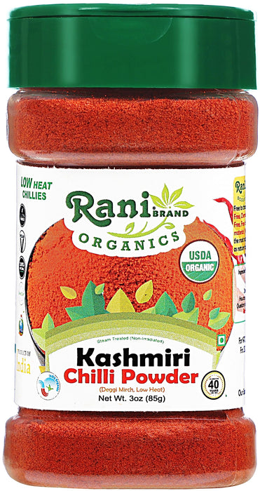 Rani Organic Kashmiri Chilli Powder (Deggi Mirch, Low Heat) 3oz (85g) PET Jar ~ All Natural | Vegan | Gluten Friendly | NON-GMO | Indian Origin | USDA Certified Organic