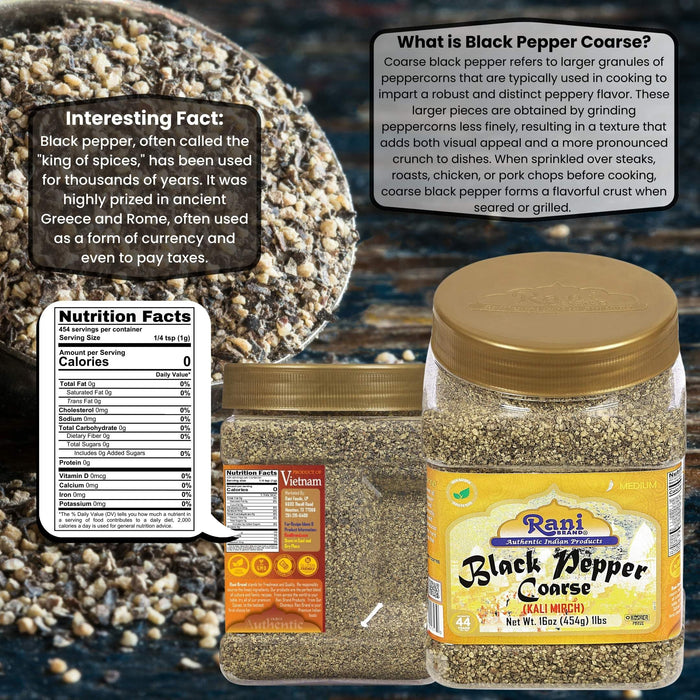 Rani Black Pepper Coarse Ground 28 Mesh (Table Grind), 16oz (1lb) 454g PET Jar ~ All Natural | Vegan | Gluten Friendly | NON-GMO | Kosher