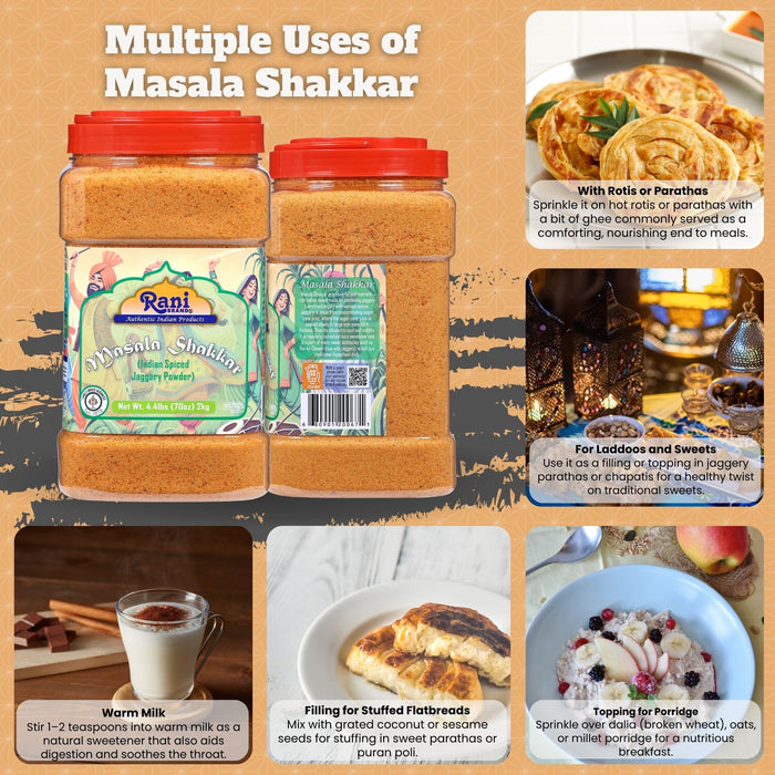 Rani Masala Shakkar (Indian Spiced Jaggery Powder) Unrefined Raw Cane Sugar 70oz (4.4lbs) 2kg PET Jar ~ Gluten Friendly | Vegan | NON-GMO | Kosher | No Salt or fillers | Indian Product
