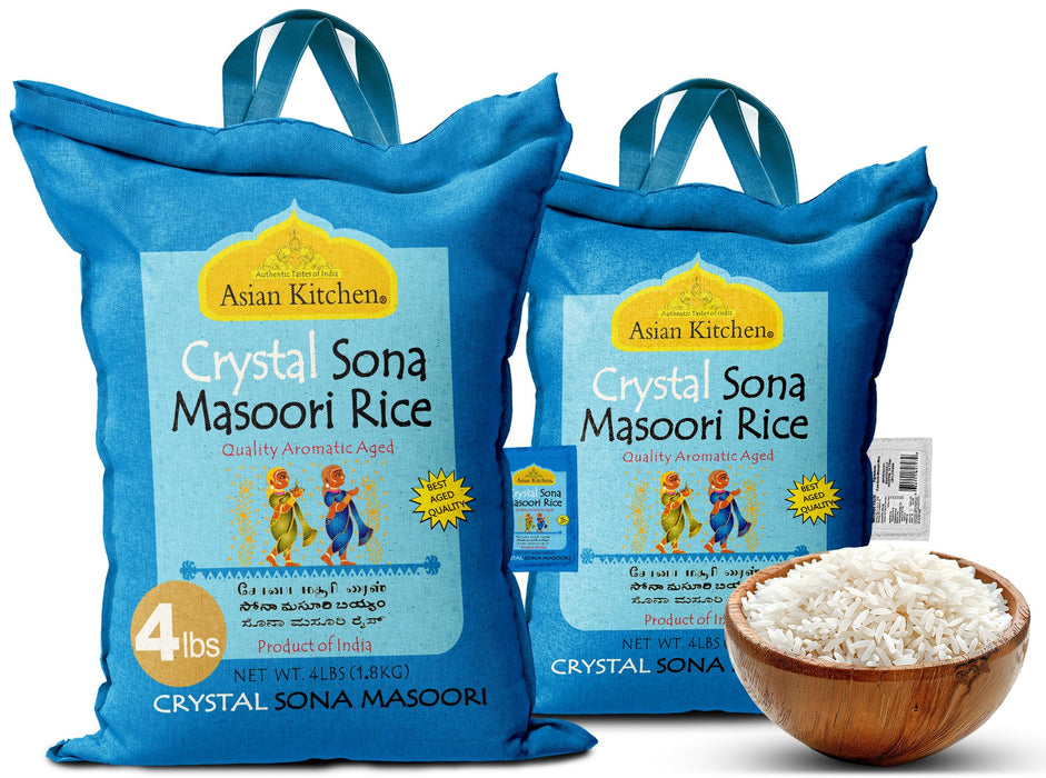 Asian Kitchen Crystal Sona Masoori Aged Rice 4lbs (1.81kg) Short Grain Rice ~ All Natural | Gluten Friendly | Vegan | Indian Origin | Export Quality