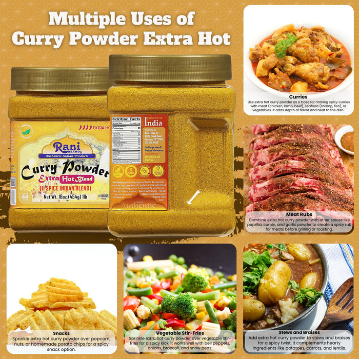 Rani Curry Powder EXTRA HOT Natural 11-Spice Blend 16oz (1lbs) 454g PET Jar ~ Salt Free | Vegan | Gluten Friendly | NON-GMO | Kosher | Indian Origin