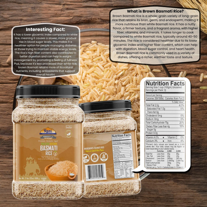 Rani Brown Basmati Rice Extra Long Aged 32oz (2lbs) 908g PET Jar ~ All Natural | Gluten Friendly | Vegan | Indian Origin | Kosher | Export Quality