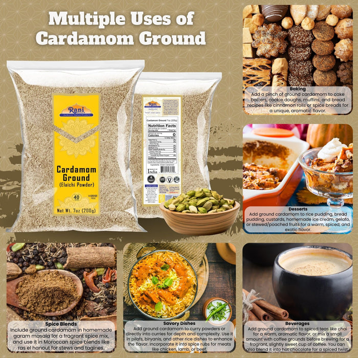 Rani Cardamom (Elachi) Ground, Powder Indian Spice 7oz (200g) ~ All Natural | No Color added | Gluten Friendly | Vegan | NON-GMO | Kosher | No Salt or fillers
