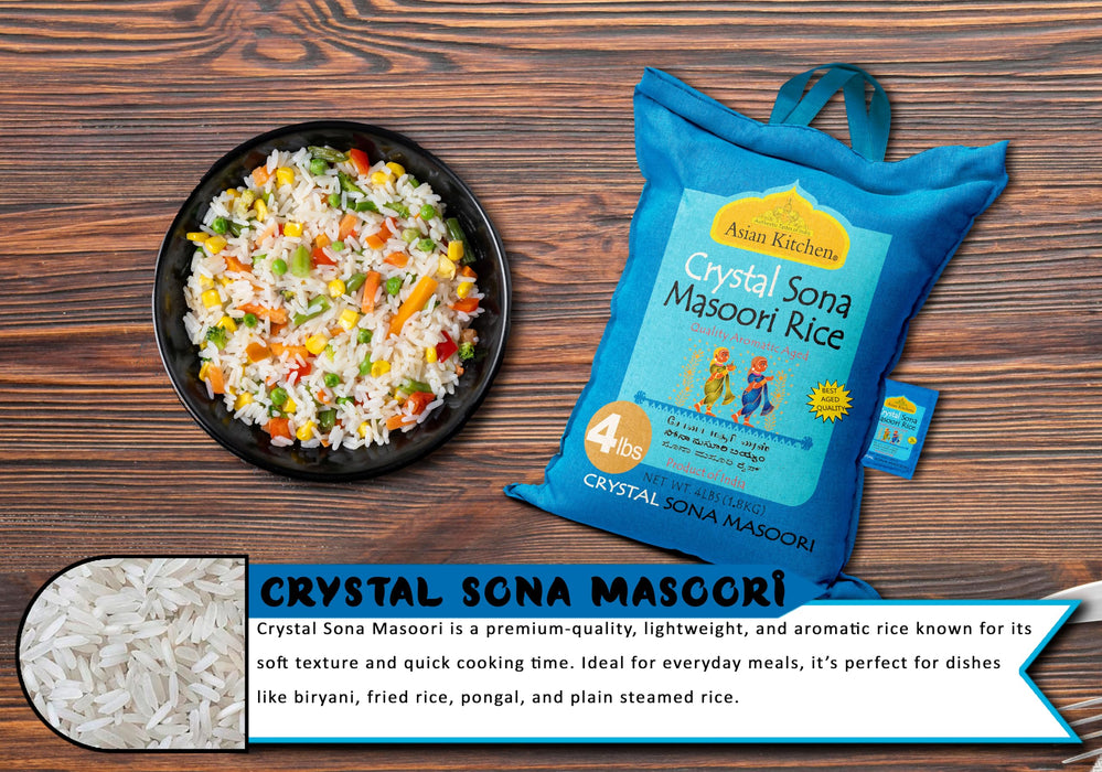 Asian Kitchen Crystal Sona Masoori Aged Rice 4lbs (1.81kg) Short Grain Rice ~ All Natural | Gluten Friendly | Vegan | Indian Origin | Export Quality