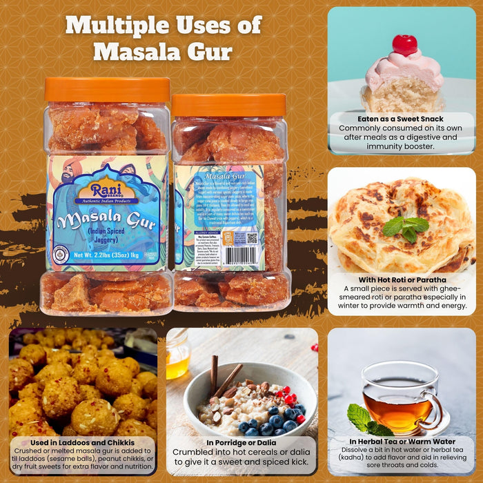 Rani Masala Gur (Jaggery) Indian Unrefined Raw Cane Sugar 35oz (2.2lbs) 1kg PET Jar ~ Gluten Friendly | Vegan | NON-GMO | Kosher | Indian Product
