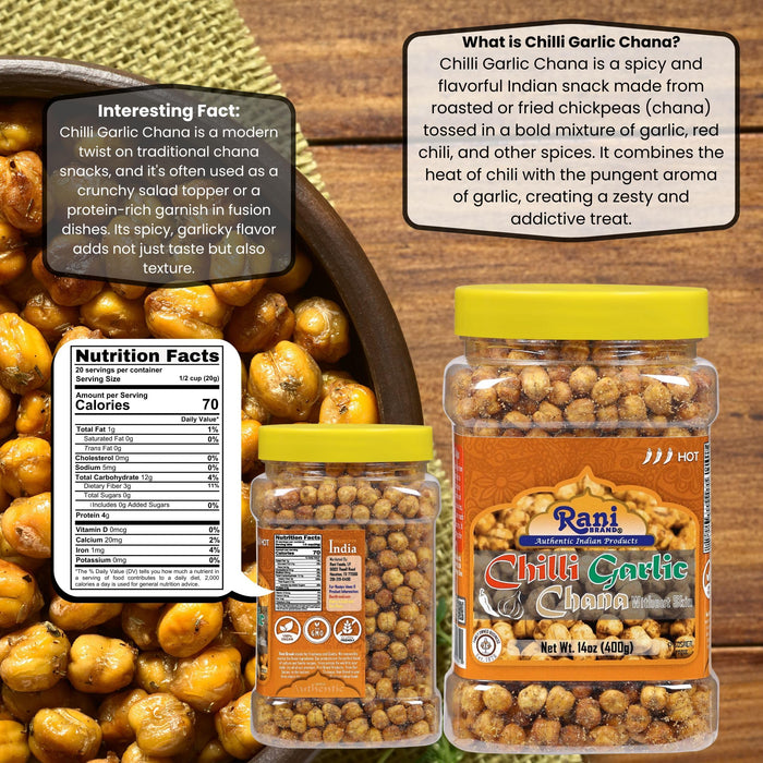 Rani Roasted Chana (Chickpeas) Chilli Garlic Flavor 14oz (400g) PET Jar ~ All Natural | Vegan | No Preservatives | Gluten Friendly | Kosher | Indian Origin | Great Snack, Ready to Eat | Seasoned with 6 Spices