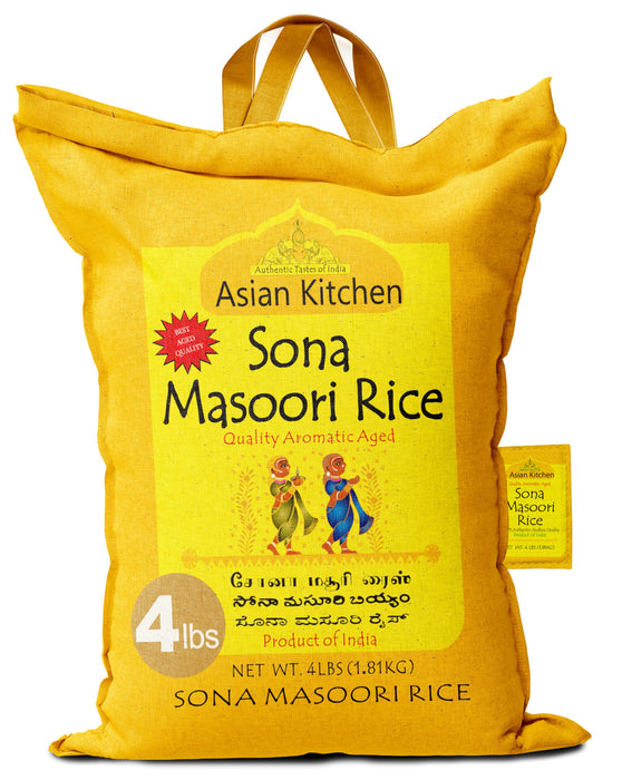 Asian Kitchen White Sona Masoori Aged Rice 4lbs (1.81kg) Short Grain Rice ~ All Natural | Gluten Friendly | Vegan | Indian Origin | Export Quality