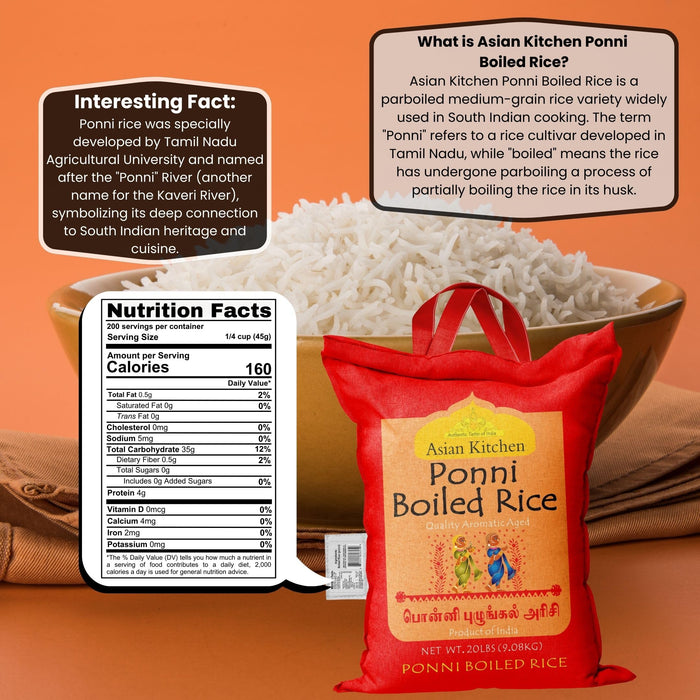 Asian Kitchen Ponni Boiled Rice 20-Pound Bag, 20lbs (9.08kg) Short Grain Par Boiled Rice ~ Natural | Gluten Friendly | Vegan