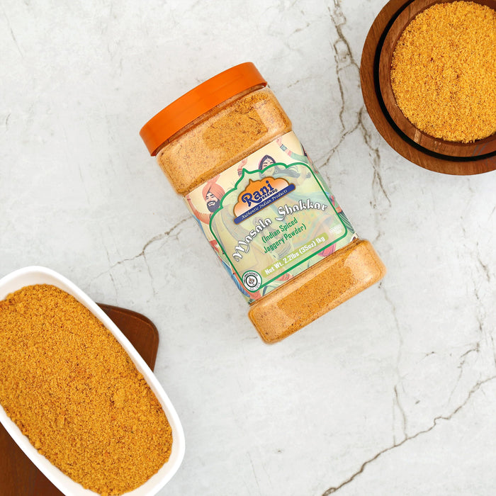 Rani Masala Shakkar (Indian Spiced Jaggery Powder) Unrefined Raw Cane Sugar 35oz (2.2lbs) 1kg PET Jar ~ Gluten Friendly | Vegan | NON-GMO | Kosher | No Salt or fillers | Indian Product