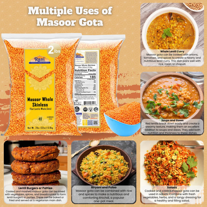 Rani Masoor Gota (Football) Indian Red Lentils Skinless 32oz (2lbs) 908g ~ All Natural | Gluten Friendly | NON-GMO | Kosher | Vegan | Product of USA