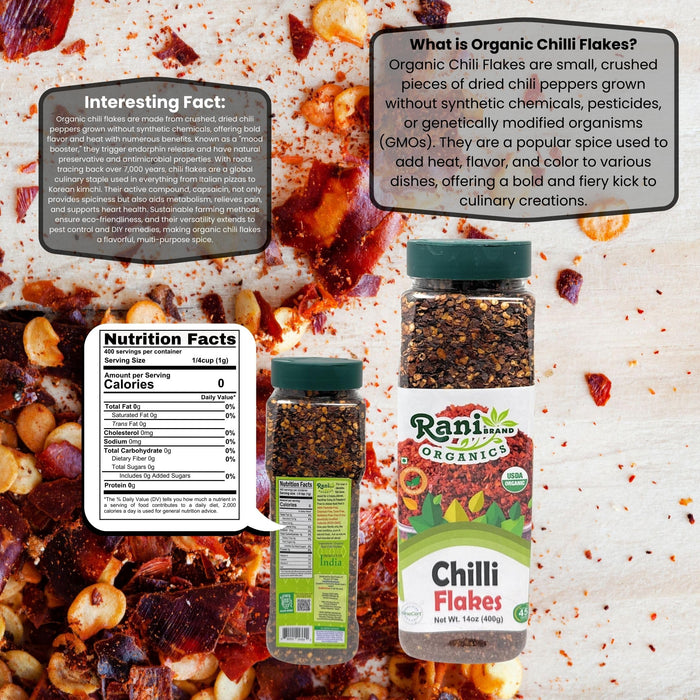 Rani Organic Chilli Flakes 14oz (400g) PET Jar ~ All Natural, No Color added | Gluten Friendly | Vegan | NON-GMO | Kosher | No Salt or fillers | USDA Certified Organic