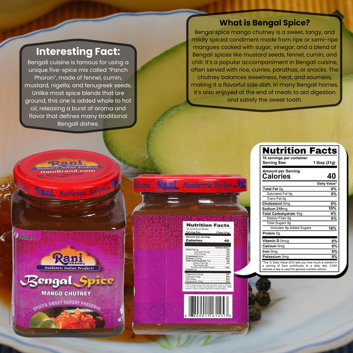 Rani Bengal Spice Mango Chutney (Indian Preserve) 10.5oz (300g) Glass Jar, Ready to eat, Vegan ~ Gluten Free, All Natural, NON-GMO