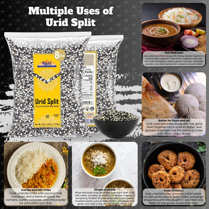 Rani Urid/Urad Split Chilka (Split Matpe Beans with Skin) Indian Lentils 128oz (8lbs) 3.63kg Bulk ~ All Natural | Gluten Friendly | NON-GMO | Kosher | Vegan | Indian Origin