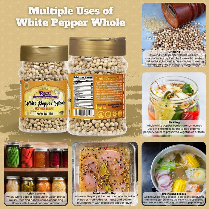 Rani White Pepper (Peppercorns) Whole, Spice 3oz (85g) ~ All Natural | Vegan | Gluten Friendly| NON-GMO | Kosher | Indian Origin