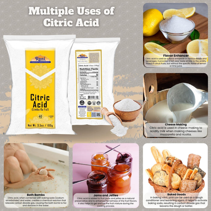 Rani Citric Acid Powder, Food Grade (Limbu Ka Ful) 3.5oz (100g) ~ Used for Cooking, Bath Bombs, Cleaning | Gluten Friendly | Kosher | Indian Origin