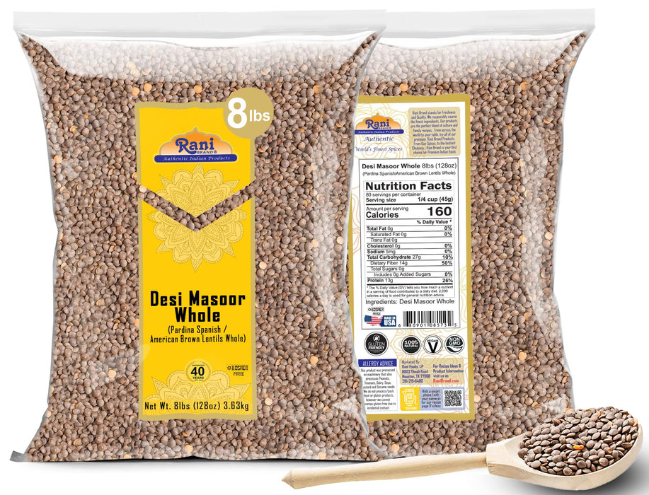Rani Desi Masoor (Masur) Whole 128oz (8lbs) 3.63kg (aka. Pardina Spanish / American Brown Lentils Whole) Bulk ~ All Natural | Vegan | Kosher | Gluten Friendly | Product of USA