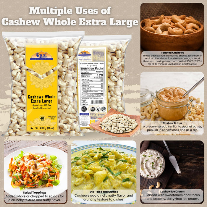Rani Raw Cashews Whole W180 Extra Large (uncooked, unsalted) 14oz (400g) ~ All Natural, No Preservatives | Vegan | NON-GMO | Kosher | Gluten Friendly