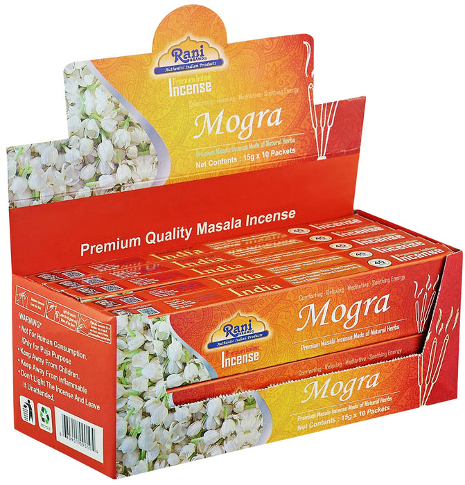 Rani Mogra Incense (Premium Masala Incense Made of Natural Herbs) 15g x 10 Packets ~ Total of 100 Incense sticks | For Puja Purposes | Indian Origin