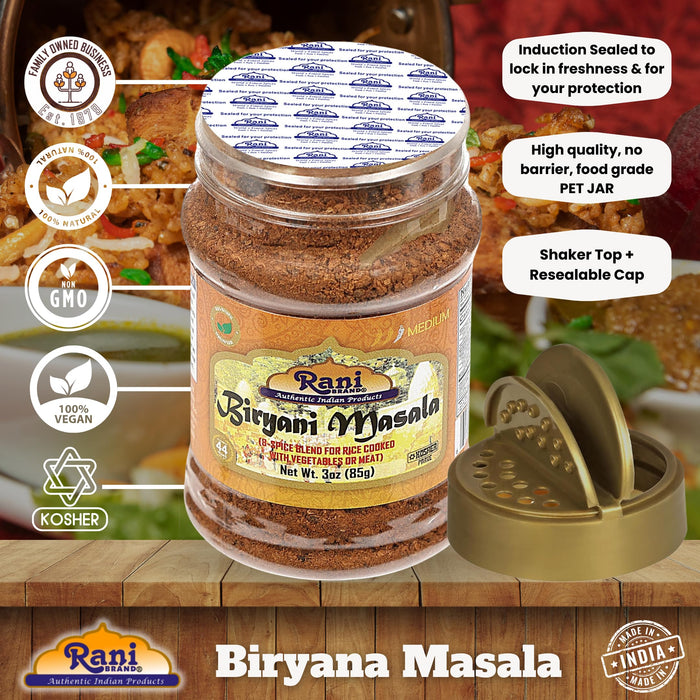 Rani Biryani Masala Curry (7-Spice Blend for Indian Rice Dishes, Pullao/Pilau) 3oz (85g) PET Jar ~ All Natural | Vegan | No Colors | Gluten Friendly | NON-GMO | Kosher | Indian Origin