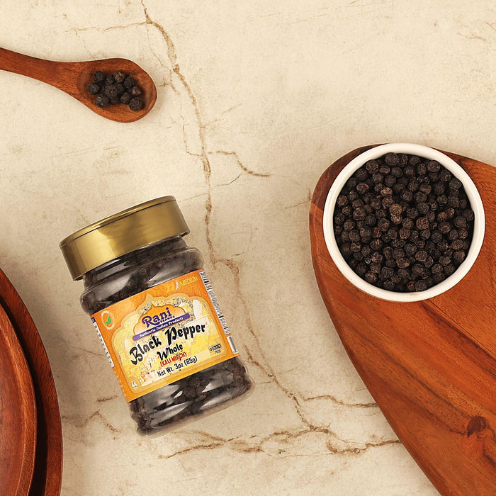 Rani Black Pepper Whole (Peppercorns), Premium MG-1 Grade 3oz (85g) PET Jar ~ All Natural | Gluten Friendly | Non-GMO | Kosher | Perfect size for Grinders!
