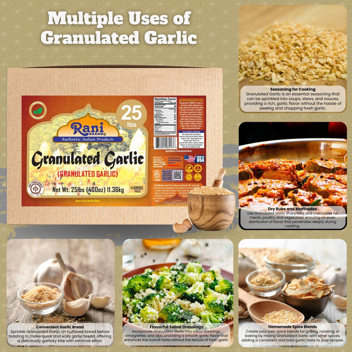 Rani Granulated Garlic (Coarse Ground Garlic) 400oz (25lbs) 11.36kg Bulk Box ~ All Natural | Gluten Friendly | Vegan | NON-GMO | Kosher | No Salt or fillers | Product of USA