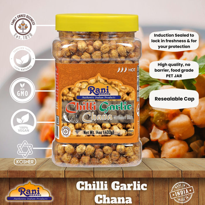 Rani Roasted Chana (Chickpeas) Chilli Garlic Flavor 14oz (400g) PET Jar ~ All Natural | Vegan | No Preservatives | Gluten Friendly | Kosher | Indian Origin | Great Snack, Ready to Eat | Seasoned with 6 Spices