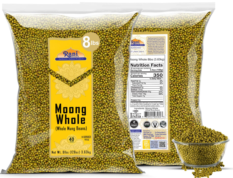 Rani Moong Whole (Ideal for cooking & sprouting, Whole Mung Beans with skin) Lentils Indian 128oz (8lbs) 3.63kg Bulk ~ All Natural | Gluten Friendly | Non-GMO | Kosher | Vegan | Indian Origin