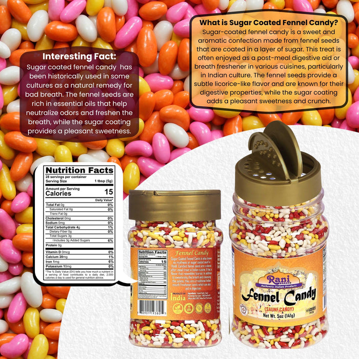 Rani Sugar Coated Fennel Candy 5oz (141g) PET Jar ~ Indian After Meal Digestive Treat | Vegan | Gluten Friendly | NON-GMO | Kosher | Indian Origin