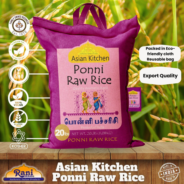 Asian Kitchen Ponni Raw Rice 20-Pound Bag, 20lbs (9.08kg) Short Grain Rice ~ All Natural | Gluten Friendly | Vegan | Indian Origin | Export Quality