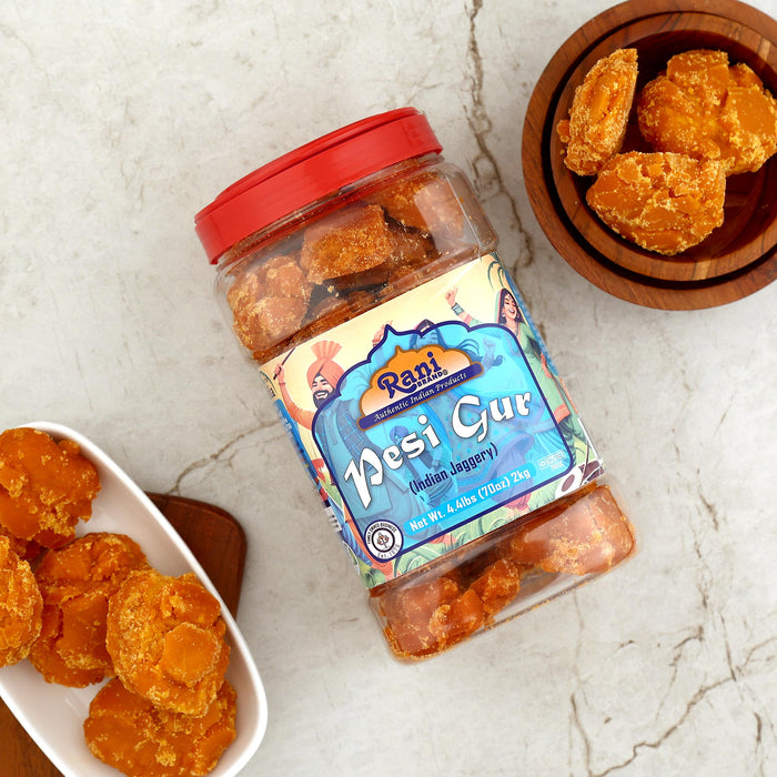 Rani Pesi Gur (Jaggery) Indian Unrefined Raw Cane Sugar 70oz (4.4lbs) 2kg PET Jar ~ Gluten Friendly | Vegan | NON-GMO | Kosher | No Salt or fillers | Indian Product