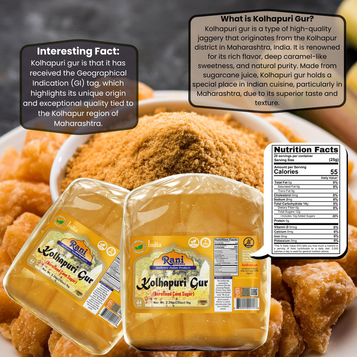 Rani Kolhapuri Gur (Jaggery) 1kg (2.2lbs) ~ Indian Unrefined Raw Cane Sugar, No Color added, Gluten Friendly | Vegan | NON-GMO | Kosher | No Salt or fillers