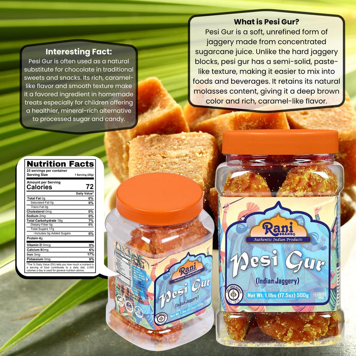 Rani Pesi Gur (Jaggery) Indian Unrefined Raw Cane Sugar 17.5oz (1.1lbs) 500g PET Jar ~ Gluten Friendly | Vegan | NON-GMO | Kosher | No Salt or fillers | Indian Product