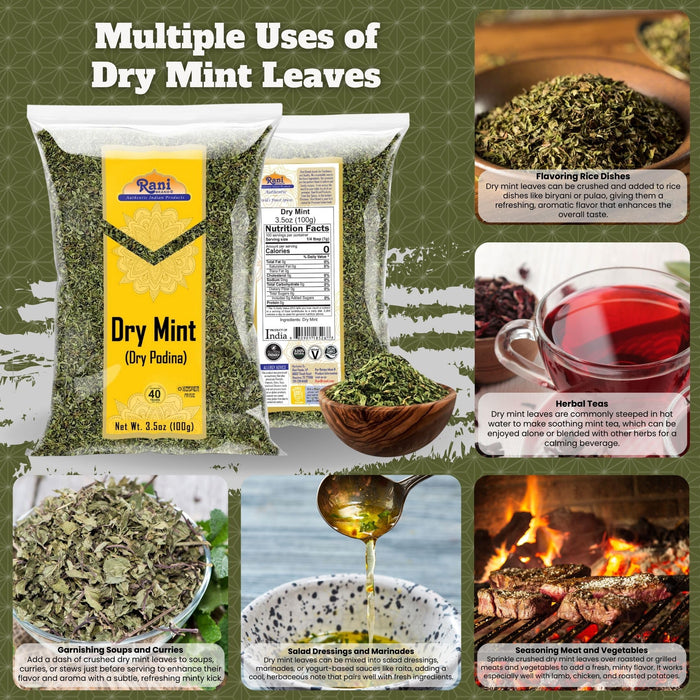 Rani Dry Mint Leaves (Podina Leaf) Spice, Dried Herb 3.5oz (100g) ~ All Natural | Gluten Friendly | NON-GMO | Kosher | Vegan | Indian Origin
