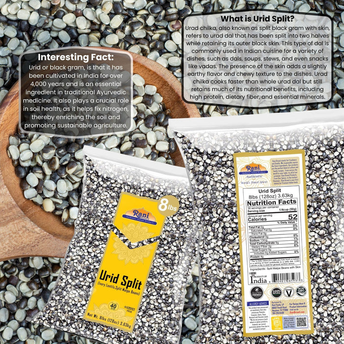 Rani Urid/Urad Split Chilka (Split Matpe Beans with Skin) Indian Lentils 128oz (8lbs) 3.63kg Bulk ~ All Natural | Gluten Friendly | NON-GMO | Kosher | Vegan | Indian Origin