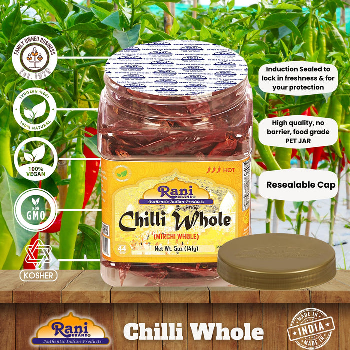Rani Chilli Whole 5oz (141g) PET Jar ~ All Natural, Salt-Free | Vegan | No Colors | Gluten Friendly | NON-GMO | Kosher | Indian Origin