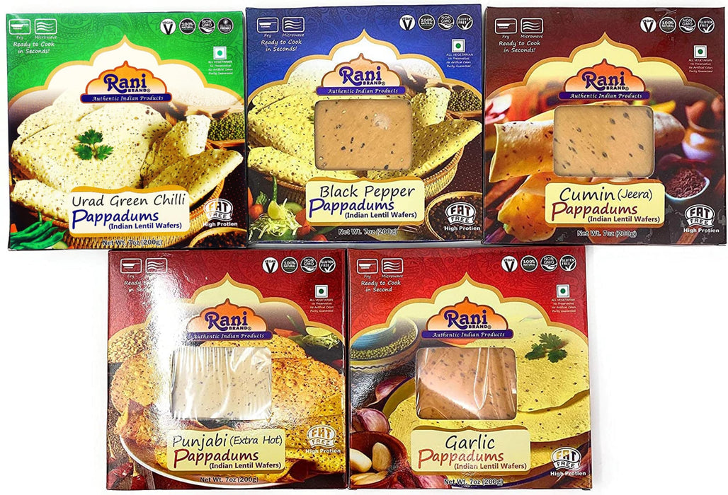 Rani Pappadums (Indian Lentil Wafer Snack) 5-Variety Papad Pack (Green Chilli, Garlic, Cumin, Extra Hot, Black Pepper) 7oz (200g) Approximately 15pc, 7 inches ~ All Natural | Gluten Friendly | NON-GMO