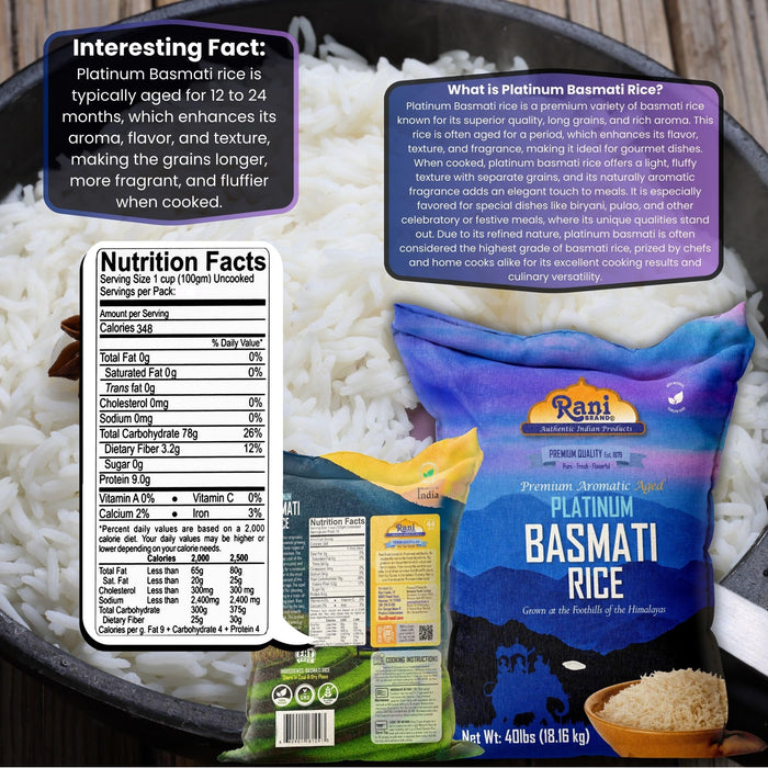 Rani Platinum White Basmati Rice Extra Long Aged 40-Pound Bag, 640oz (40lbs) 18.16kg ~ All Natural | Gluten Friendly | Vegan | Indian Origin | Kosher | Export Quality