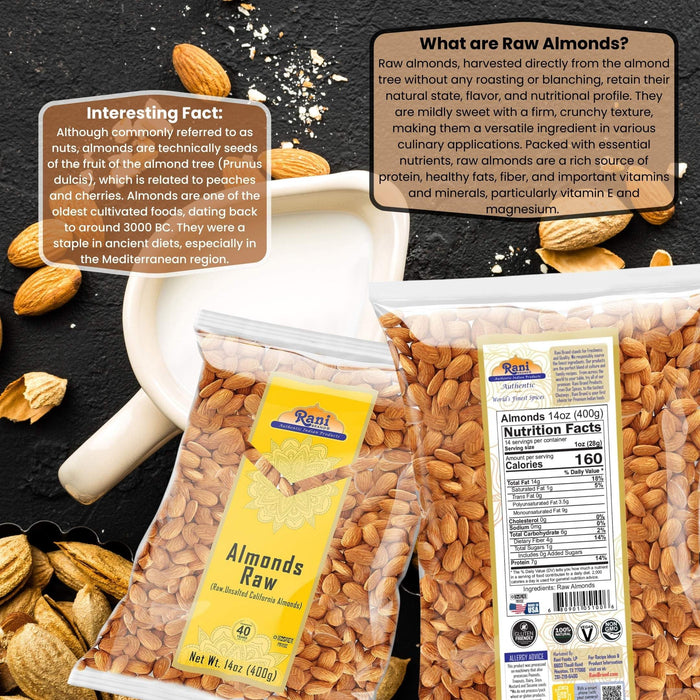 Rani Almonds, Raw Whole With Skin 14oz (400g) ~ All Natural | Vegan | Kosher | Gluten Friendly | Fresh Product of USA ~ California Shelled Almonds