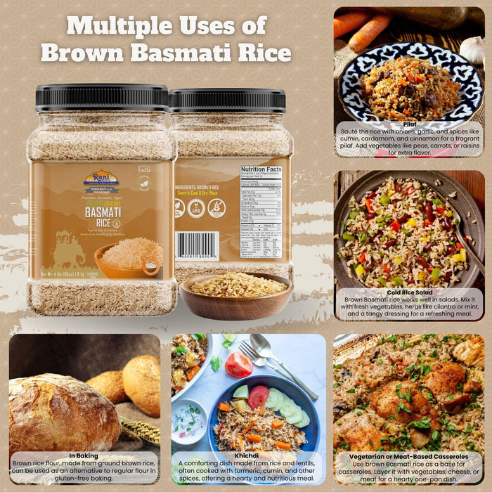 Rani Brown Basmati Rice Extra Long Aged 64oz (4lbs) 1.81kg PET Jar ~ All Natural | Gluten Friendly | Vegan | Indian Origin | Kosher | Export Quality