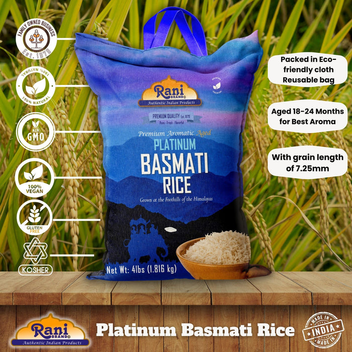 Rani Platinum White Basmati Rice Extra Long Aged 4-Pound Bag, 4lbs (64oz) 1.81kg ~ All Natural | Gluten Friendly | Kosher | Vegan | Indian Origin | Export Quality