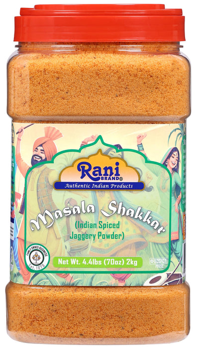 Rani Masala Shakkar (Indian Spiced Jaggery Powder) Unrefined Raw Cane Sugar 70oz (4.4lbs) 2kg PET Jar ~ Gluten Friendly | Vegan | NON-GMO | Kosher | No Salt or fillers | Indian Product